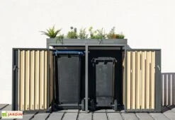 Cache Poubelle Extérieur Double Acier Imitation Bois – 2x 240 Litres -Promos Jardin Garage Magasin abri poubelle double westmann wmhhwtc 62