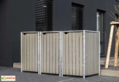 Cache-poubelle Triple En Acier Et Bois De Pin Traité 181 X 63 X 115 Cm -Promos Jardin Garage Magasin abri poubelle triple acier bois gris