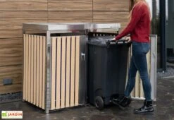 Cache Poubelle Extérieur Double Inox Imitation Bois – 2x 240 Litres -Promos Jardin Garage Magasin cache poubelle 2 portes westmann wmhhwtc 51