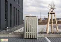 Cache-poubelle Simple En Acier Et Bois De Pin Traité 69 X 80 X 115 Cm -Promos Jardin Garage Magasin cache poubelle acier pin gris 1