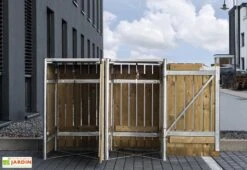 Cache-poubelle Double En Acier Et Bois De Pin Traité 120 X 63 X 115 Cm -Promos Jardin Garage Magasin cache poubelle double bois ouvert