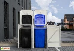 Cache-poubelle Double En Acier Et Composite Aluminium 139 X 80 X 115 Cm -Promos Jardin Garage Magasin cache poubelle double metal ouvert