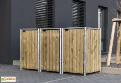 Cache-poubelle Triple En Acier Et Bois De Pin Traité 209 X 80 X 115 Cm -Promos Jardin Garage Magasin cache poubelle triple acier bois hide 1