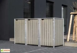 Cache-poubelle Triple En Acier Et Bois De Pin Traité 209 X 80 X 115 Cm -Promos Jardin Garage Magasin cache poubelle triple acier pin gris