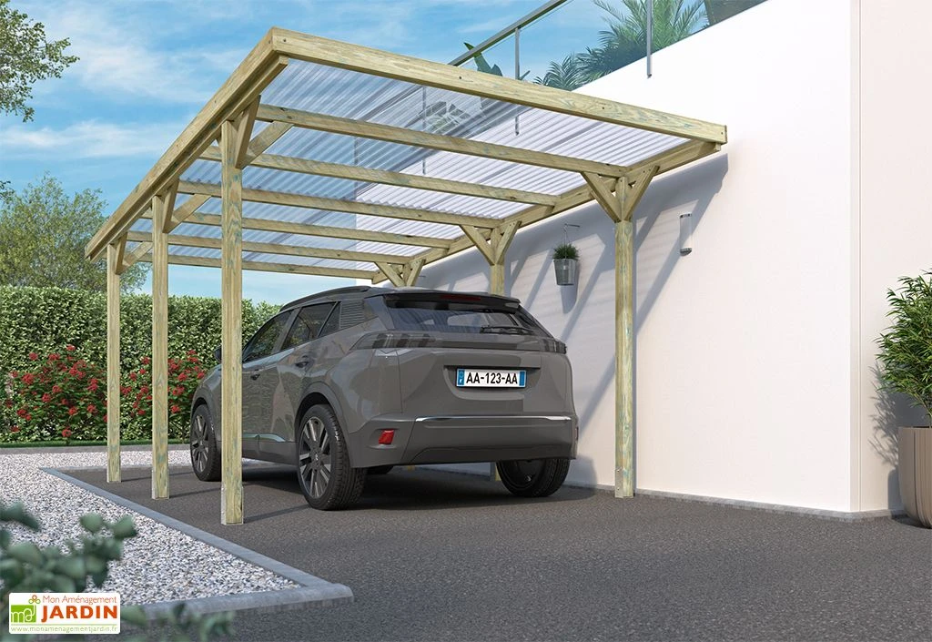Carport En Bois De Pin Traité Avec Couverture En PVC Jean – 15,6 M² 1 Carport En Bois De Pin Traité Avec Couverture En PVC Jean – 15,6 M²