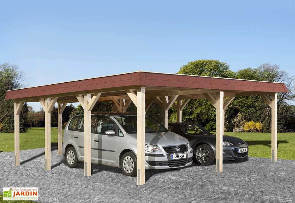 Carport Double En Bois D’épicéa Brut Et Acier Galvanisé 39,75 M² 1 Carport Double En Bois D’épicéa Brut Et Acier Galvanisé 39,75 M²