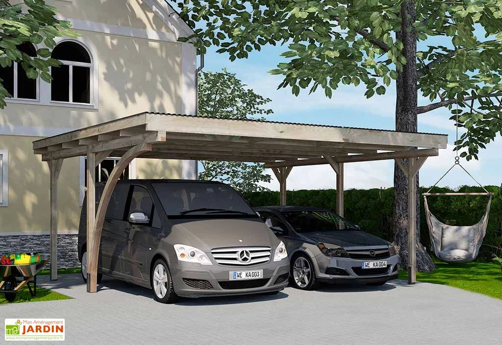 Carport Double En Bois De Pin Traité Et PVC Avec Arc - 25 M² 1 Carport Double En Bois De Pin Traité Et PVC Avec Arc - 25 M²